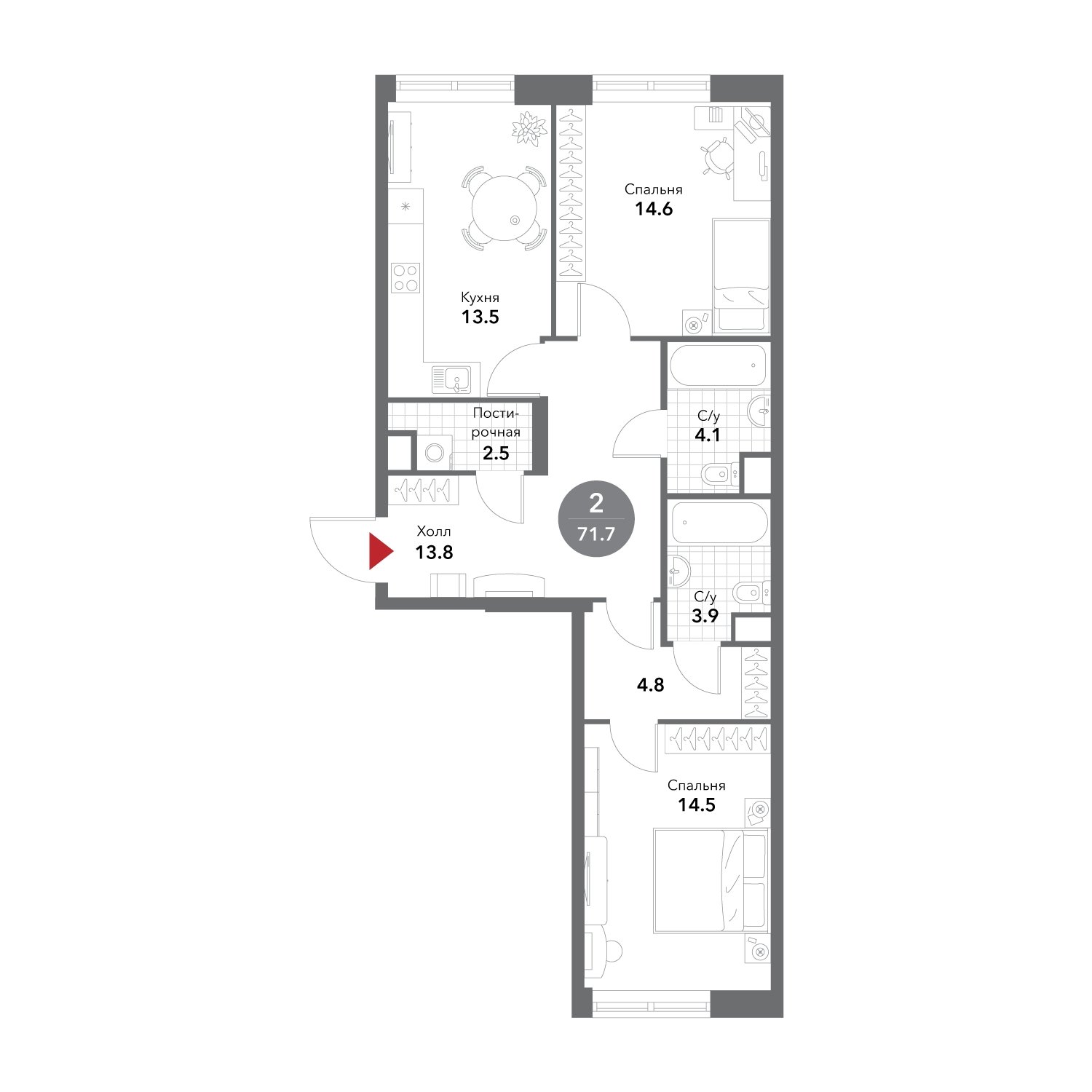 2-комнатная квартира без отделки, 71.7 м2, 5 этаж, сдача 3 квартал 2025 г., ЖК VOXHALL, корпус 2 - объявление 1983555 - фото №1