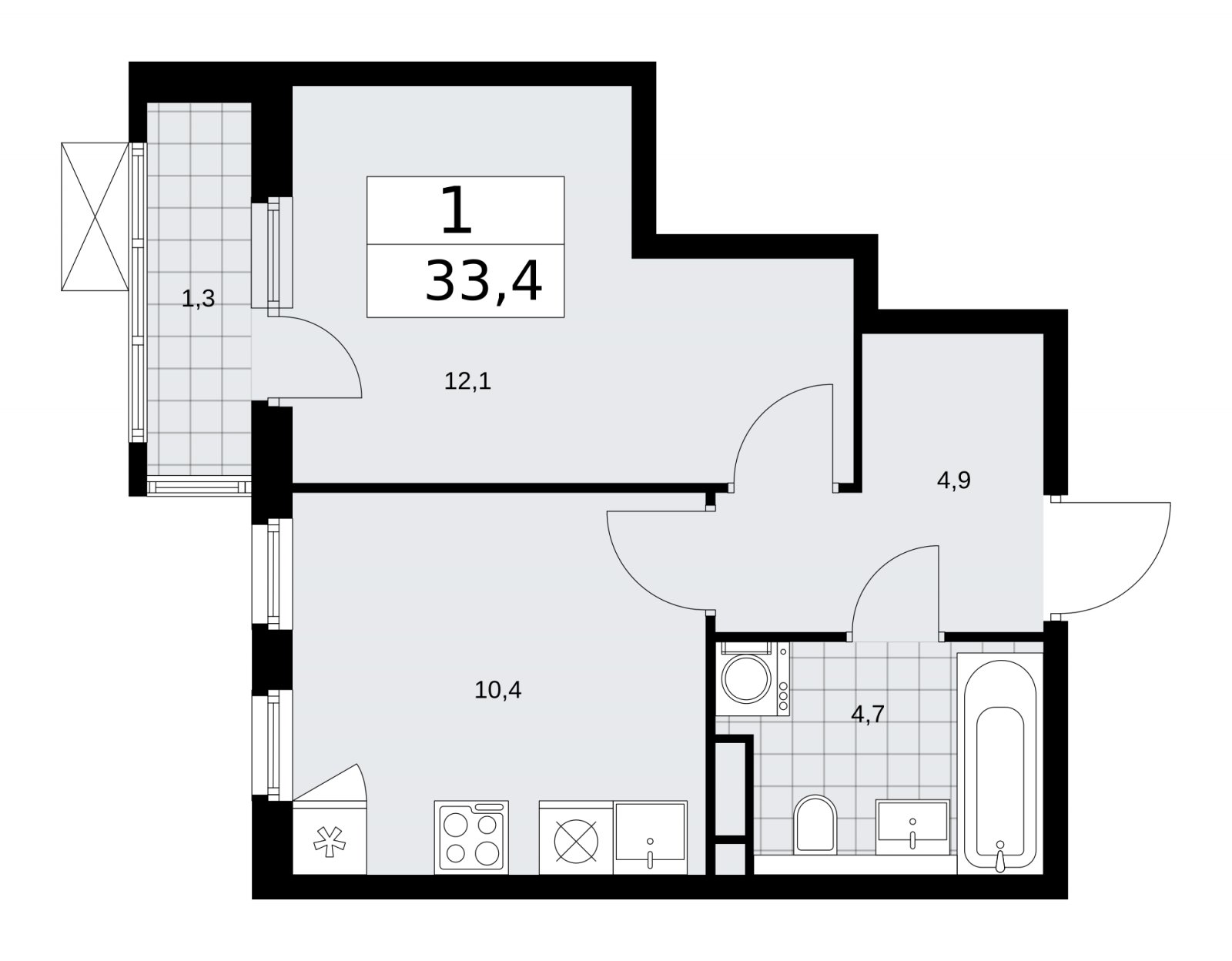 1-комнатная квартира без отделки, 33.4 м2, 4 этаж, сдача 1 квартал 2026 г., ЖК Прокшино, корпус 11.2.1 - объявление 2269909 - фото №1