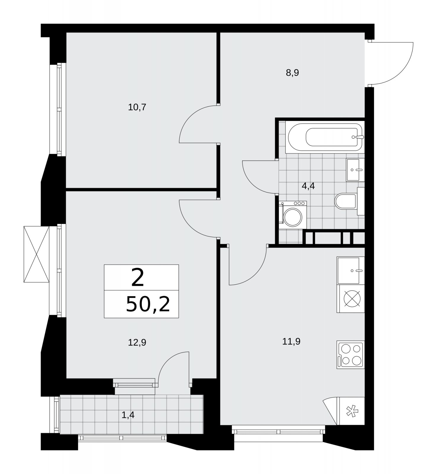 2-комнатная квартира без отделки, 50.2 м2, 7 этаж, сдача 4 квартал 2025 г., ЖК Бунинские кварталы, корпус 6.6 - объявление 2252932 - фото №1