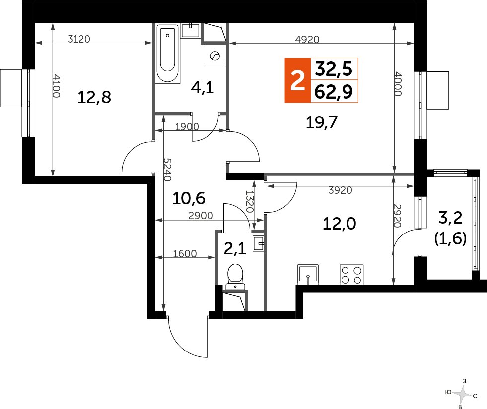 2-комнатная квартира без отделки, 63.5 м2, 1 этаж, дом сдан, ЖК UP-квартал Римский, корпус 7 - объявление 2359872 - фото №1