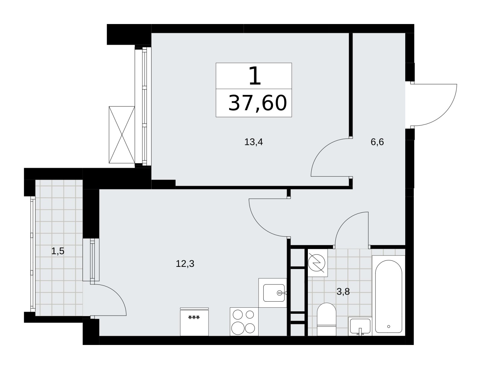 1-комнатная квартира без отделки, 37.6 м2, 11 этаж, сдача 3 квартал 2025 г., ЖК Скандинавия, корпус 28.2 - объявление 2202393 - фото №1