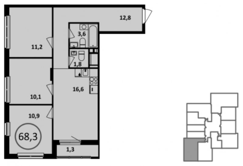 3-комнатная квартира с полной отделкой, 69.1 м2, 15 этаж, дом сдан, ЖК Испанские кварталы, корпус 6.2 - объявление 1886168 - фото №1