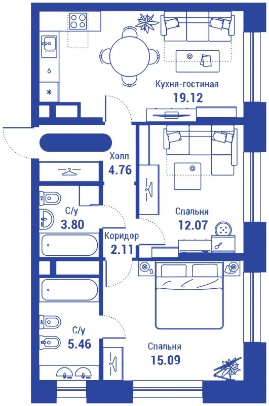 3-комнатная квартира с полной отделкой, 62.41 м2, 3 этаж, сдача 3 квартал 2024 г., ЖК iLove, корпус 2 - объявление 1935180 - фото №1