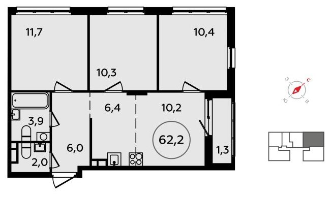 4-комнатная квартира (евро) без отделки, 62.2 м2, 3 этаж, сдача 4 квартал 2023 г., ЖК Скандинавия, корпус 15 - объявление 1517142 - фото №1