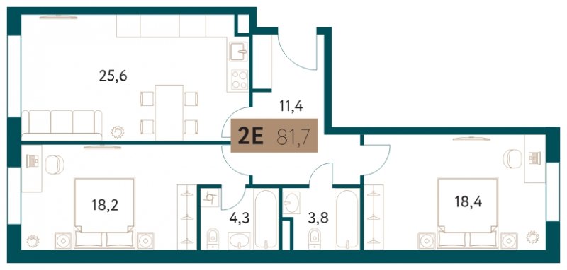 2-комнатная квартира 81.7 м2, 8 этаж, сдача 4 квартал 2022 г., ЖК Настоящее, корпус 4 - объявление 1326800 - фото №1