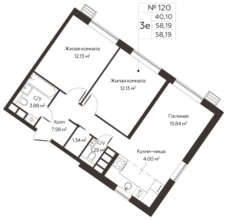 3-комнатная квартира с полной отделкой, 58.19 м2, 13 этаж, сдача 3 квартал 2024 г., ЖК МелисСад, корпус 1 - объявление 1861152 - фото №1