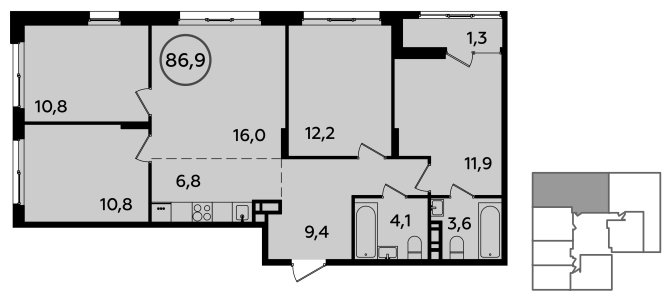 5-комнатная квартира (евро) без отделки, 86.9 м2, 13 этаж, сдача 1 квартал 2023 г., ЖК Прокшино, корпус 3.1 - объявление 1773381 - фото №1