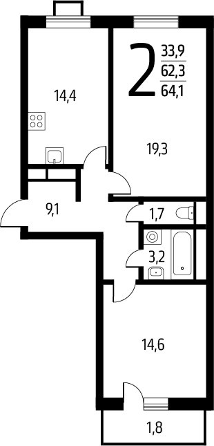 2-комнатная квартира с полной отделкой, 64.1 м2, 14 этаж, сдача 1 квартал 2025 г., ЖК Новые Ватутинки. Заречный, корпус 5/1 - объявление 2271949 - фото №1