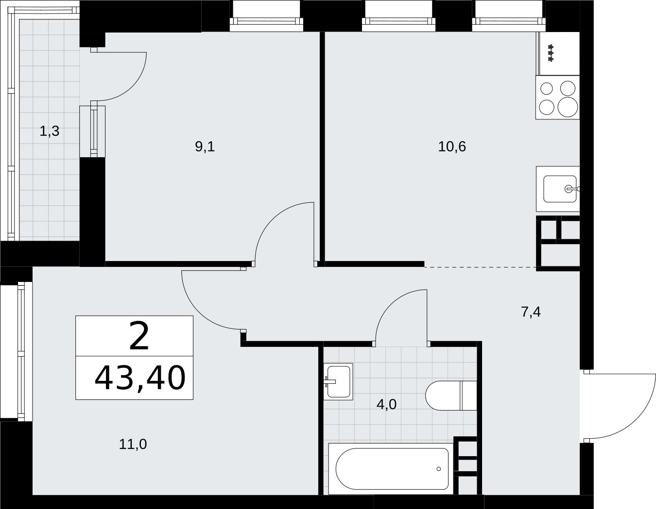 2-комнатная квартира без отделки, 43.4 м2, 6 этаж, сдача 3 квартал 2026 г., ЖК Родные кварталы, корпус 3.5 - объявление 2378725 - фото №1