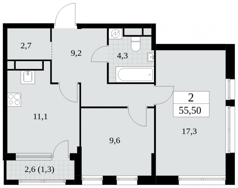 2-комнатная квартира с частичной отделкой, 55.5 м2, 26 этаж, сдача 2 квартал 2025 г., ЖК Южные сады, корпус 2.1 - объявление 1760064 - фото №1