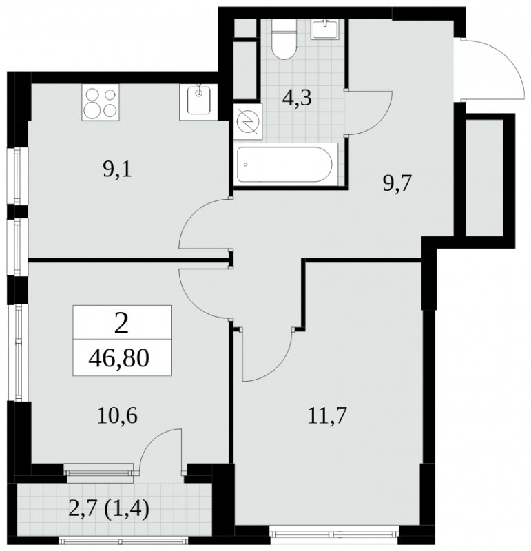 2-комнатная квартира без отделки, 46.8 м2, 14 этаж, сдача 2 квартал 2025 г., ЖК Южные сады, корпус 2.3 - объявление 1758346 - фото №1
