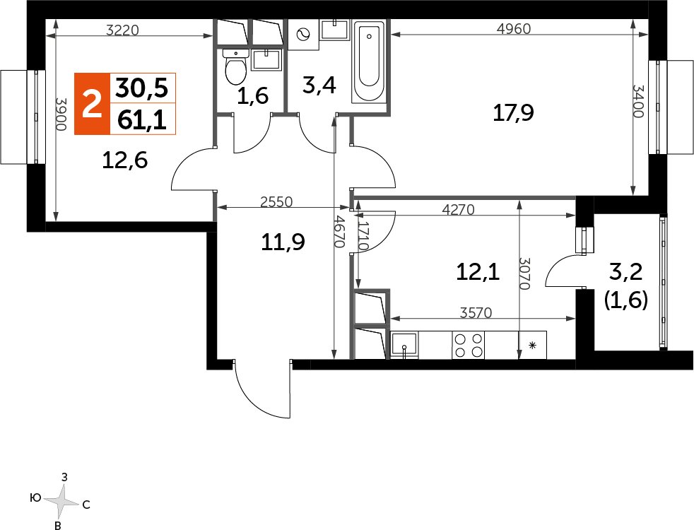 2-комнатная квартира без отделки, 61.2 м2, 2 этаж, дом сдан, ЖК UP-квартал Римский, корпус 7 - объявление 2353963 - фото №1