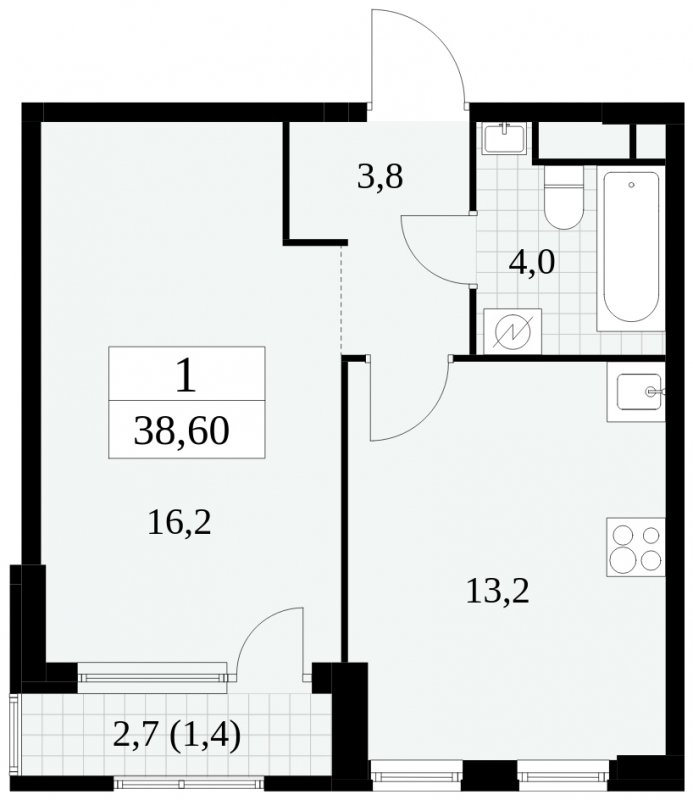 1-комнатная квартира без отделки, 38.6 м2, 11 этаж, сдача 2 квартал 2025 г., ЖК Южные сады, корпус 2.3 - объявление 1758183 - фото №1