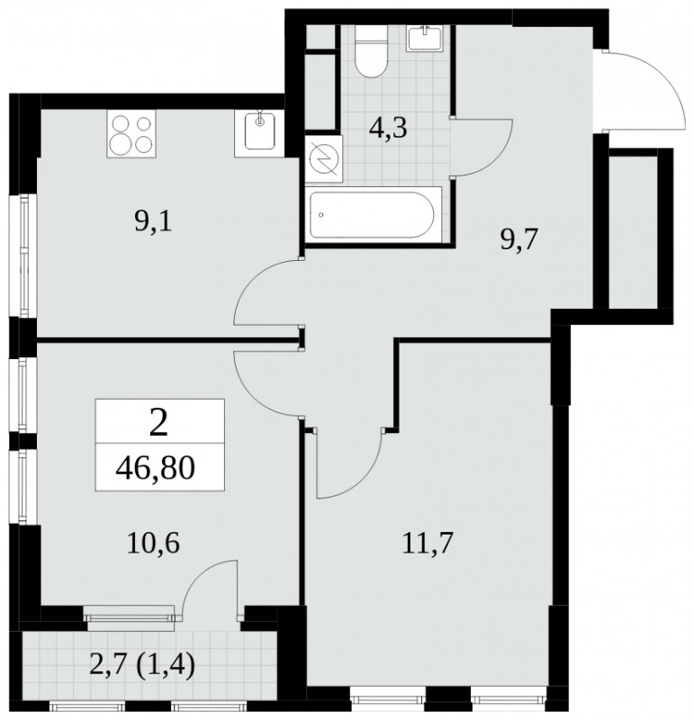 2-комнатная квартира без отделки, 46.8 м2, 8 этаж, сдача 2 квартал 2025 г., ЖК Южные сады, корпус 2.3 - объявление 1758318 - фото №1