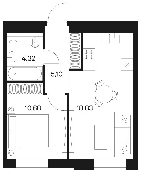1-комнатная квартира без отделки, 38.93 м2, 6 этаж, сдача 4 квартал 2024 г., ЖК FØRST, корпус 1 - объявление 1942356 - фото №1