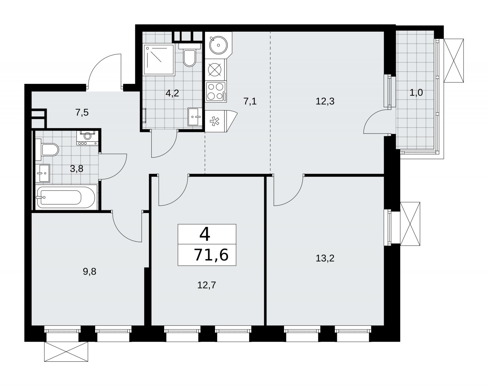 4-комнатная квартира (евро) с частичной отделкой, 71.6 м2, 3 этаж, сдача 2 квартал 2026 г., ЖК Скандинавия, корпус 25.1 - объявление 2283329 - фото №1