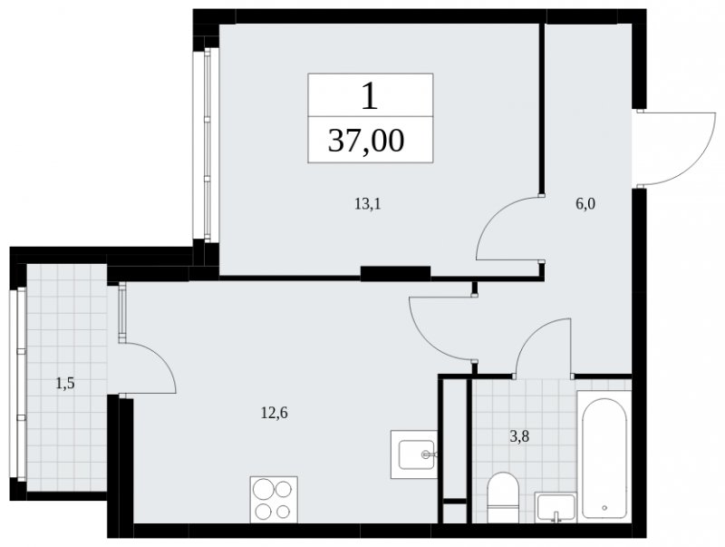 1-комнатная квартира без отделки, 37 м2, 11 этаж, сдача 4 квартал 2024 г., ЖК Скандинавия, корпус 36.2.2 - объявление 1780012 - фото №1