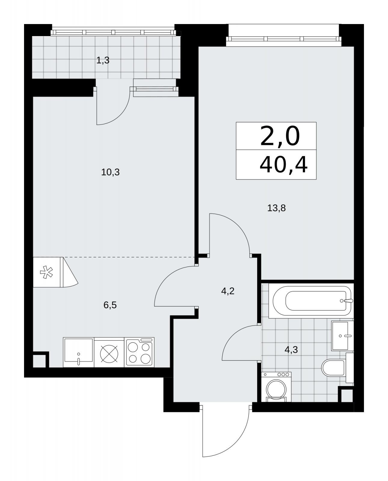 2-комнатная квартира (евро) без отделки, 40.4 м2, 2 этаж, сдача 1 квартал 2026 г., ЖК Дзен-кварталы, корпус 3.2 - объявление 2241653 - фото №1