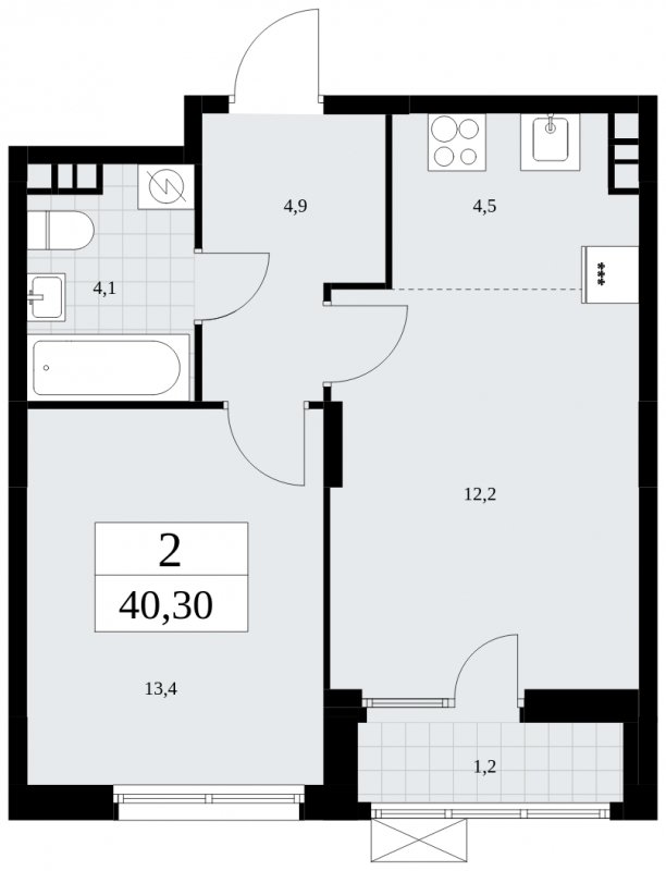 2-комнатная квартира (евро) без отделки, 40.3 м2, 4 этаж, сдача 2 квартал 2025 г., ЖК Дзен-кварталы, корпус 2.4 - объявление 1932697 - фото №1