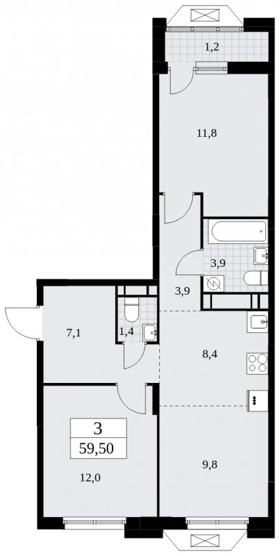 3-комнатная квартира (евро) без отделки, 59.5 м2, 16 этаж, сдача 1 квартал 2025 г., ЖК Бунинские кварталы, корпус 1.3 - объявление 1834835 - фото №1