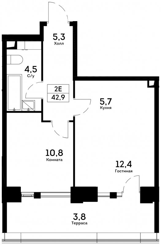 2-комнатная квартира без отделки, 42.9 м2, 6 этаж, сдача 4 квартал 2022 г., ЖК Квартал на набережной NOW, корпус 1.4 - объявление 1712972 - фото №1