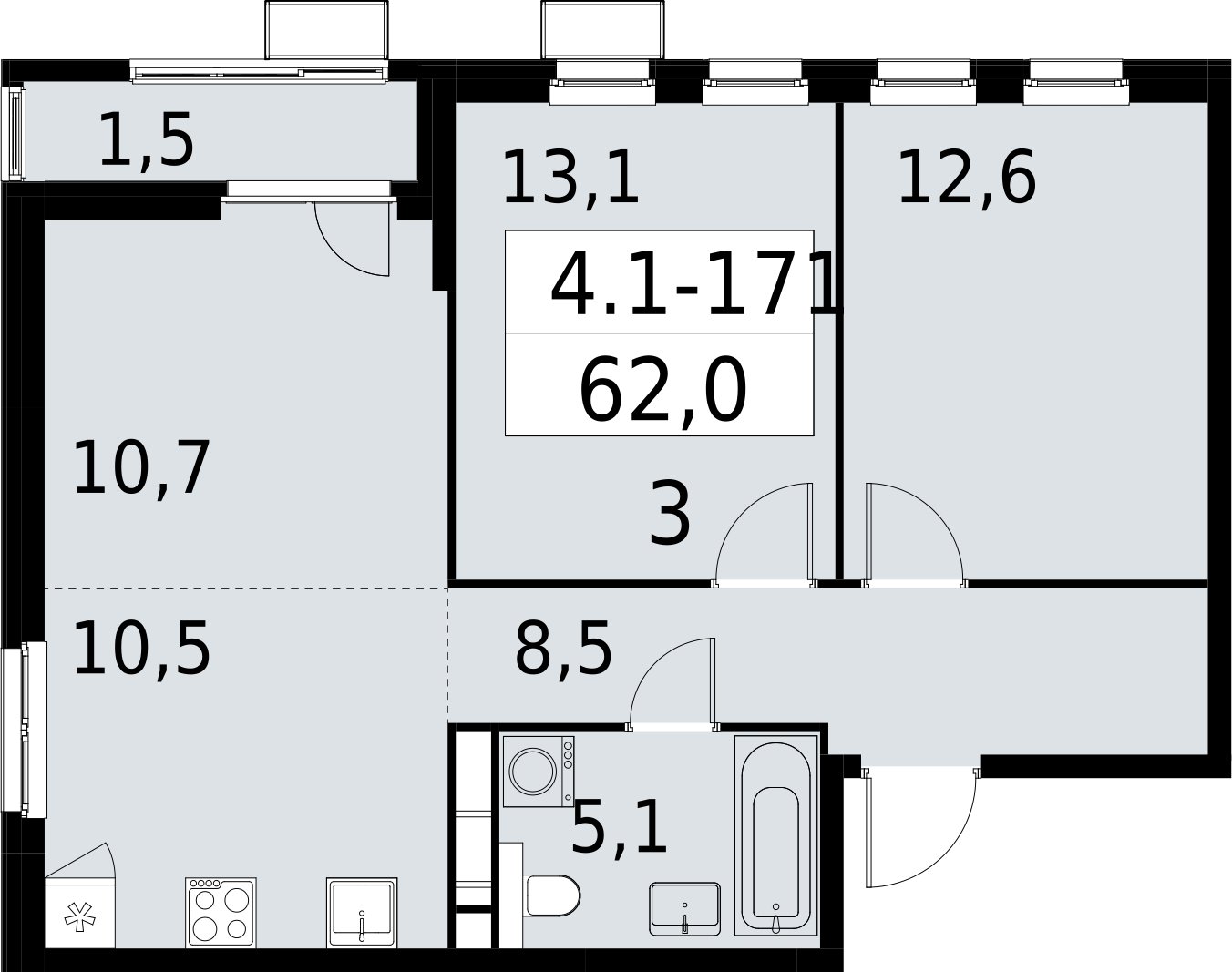 3-комнатная квартира (евро) с полной отделкой, 62 м2, 7 этаж, сдача 2 квартал 2027 г., ЖК Южные сады, корпус 4.1.2 - объявление 2392701 - фото №1