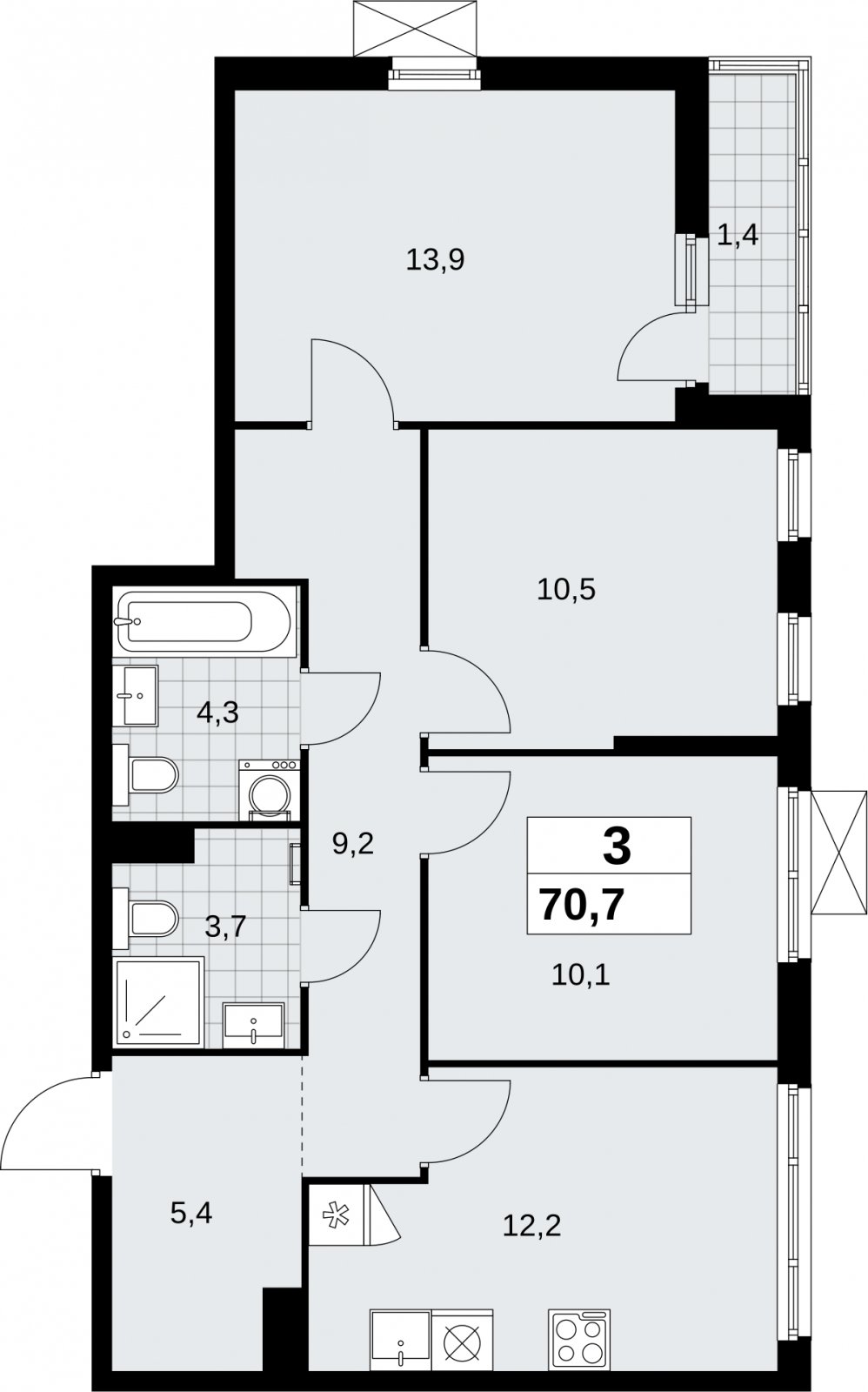 3-комнатная квартира без отделки, 70.7 м2, 4 этаж, сдача 2 квартал 2026 г., ЖК Дзен-кварталы, корпус 6.1.1 - объявление 2327144 - фото №1