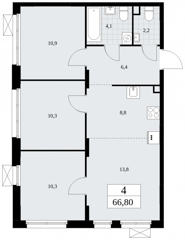 4-комнатная квартира (евро) без отделки, 66.8 м2, 2 этаж, сдача 1 квартал 2025 г., ЖК Дзен-кварталы, корпус 1.4 - объявление 1896117 - фото №1
