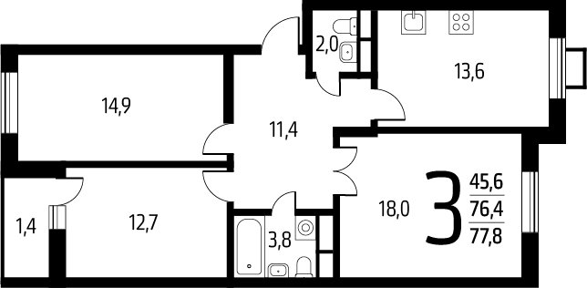 3-комнатная квартира с полной отделкой, 77.8 м2, 2 этаж, сдача 1 квартал 2025 г., ЖК Новые Ватутинки. Заречный, корпус 5/3 - объявление 2271798 - фото №1