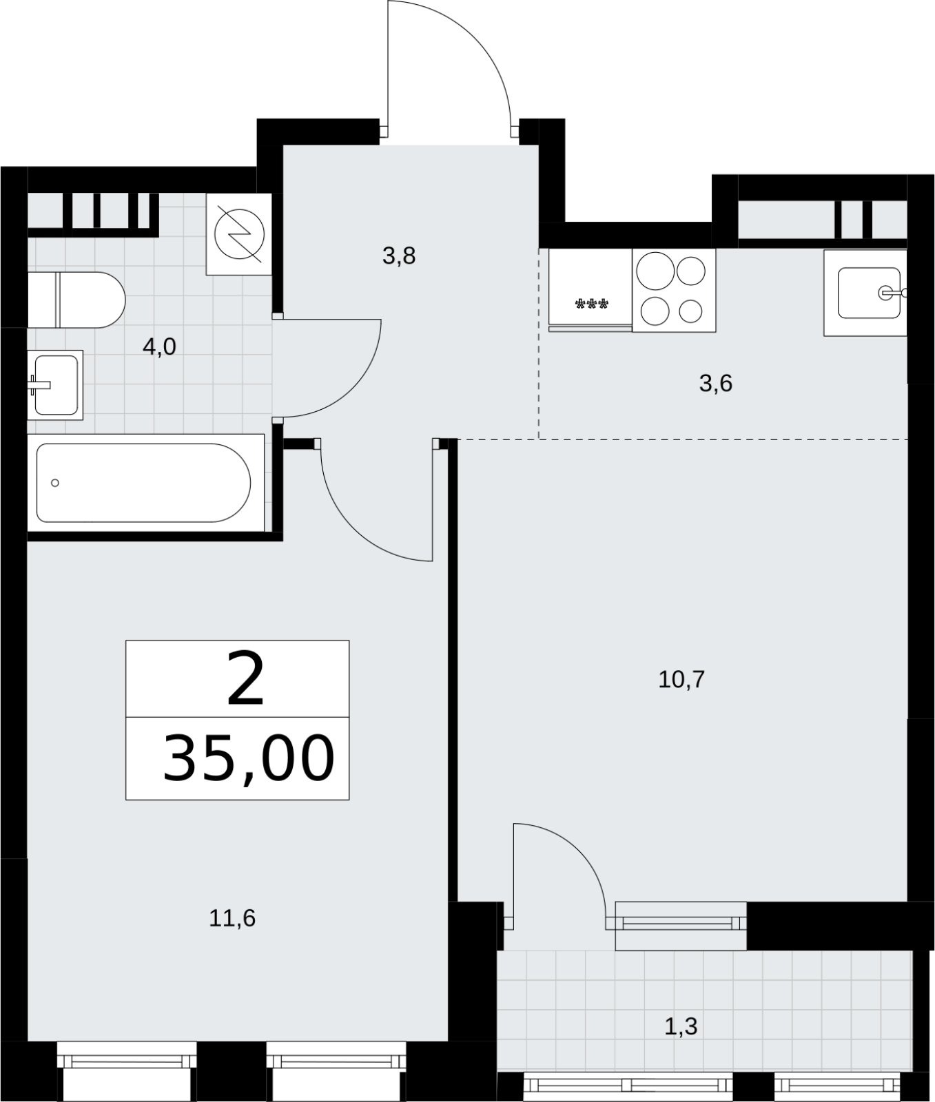 2-комнатная квартира (евро) без отделки, 35 м2, 6 этаж, сдача 3 квартал 2026 г., ЖК Родные кварталы, корпус 3.4 - объявление 2378672 - фото №1