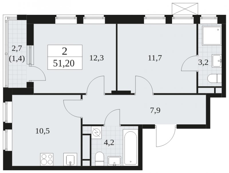 2-комнатная квартира без отделки, 51.2 м2, 9 этаж, сдача 1 квартал 2025 г., ЖК Прокшино, корпус 5.1.3 - объявление 1810540 - фото №1