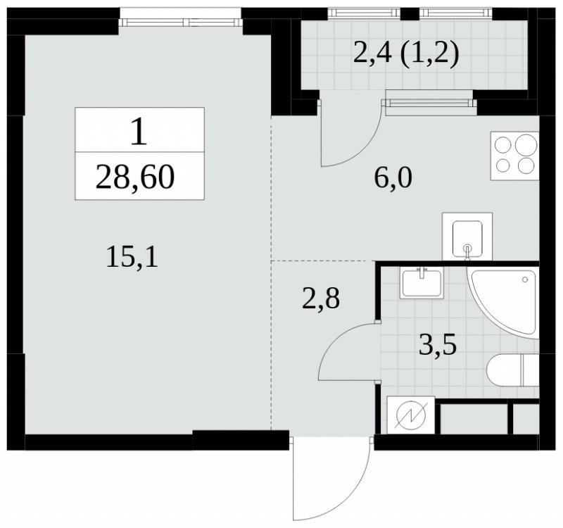 Студия с частичной отделкой, 28.6 м2, 7 этаж, сдача 2 квартал 2025 г., ЖК Южные сады, корпус 2.2 - объявление 1757504 - фото №1