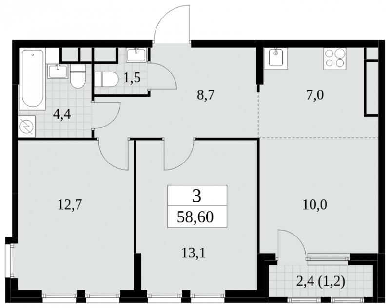 3-комнатная квартира (евро) с частичной отделкой, 58.6 м2, 22 этаж, сдача 2 квартал 2025 г., ЖК Южные сады, корпус 2.2 - объявление 1757616 - фото №1