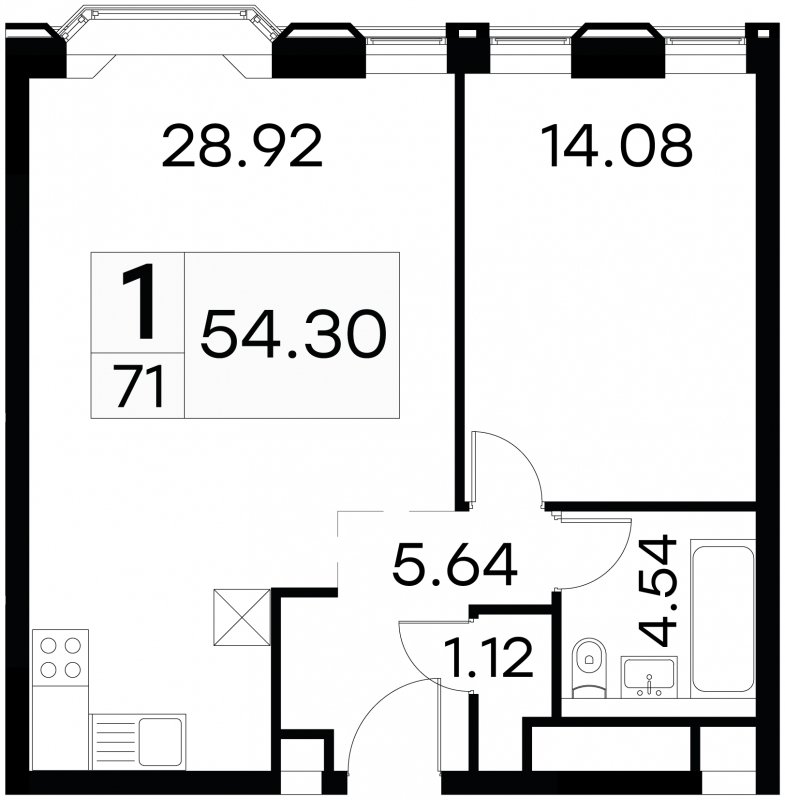 1-комнатные апартаменты с частичной отделкой, 54.3 м2, 7 этаж, сдача 3 квартал 2024 г., ЖК GloraX Aura Белорусская, корпус 1 - объявление 1708744 - фото №1
