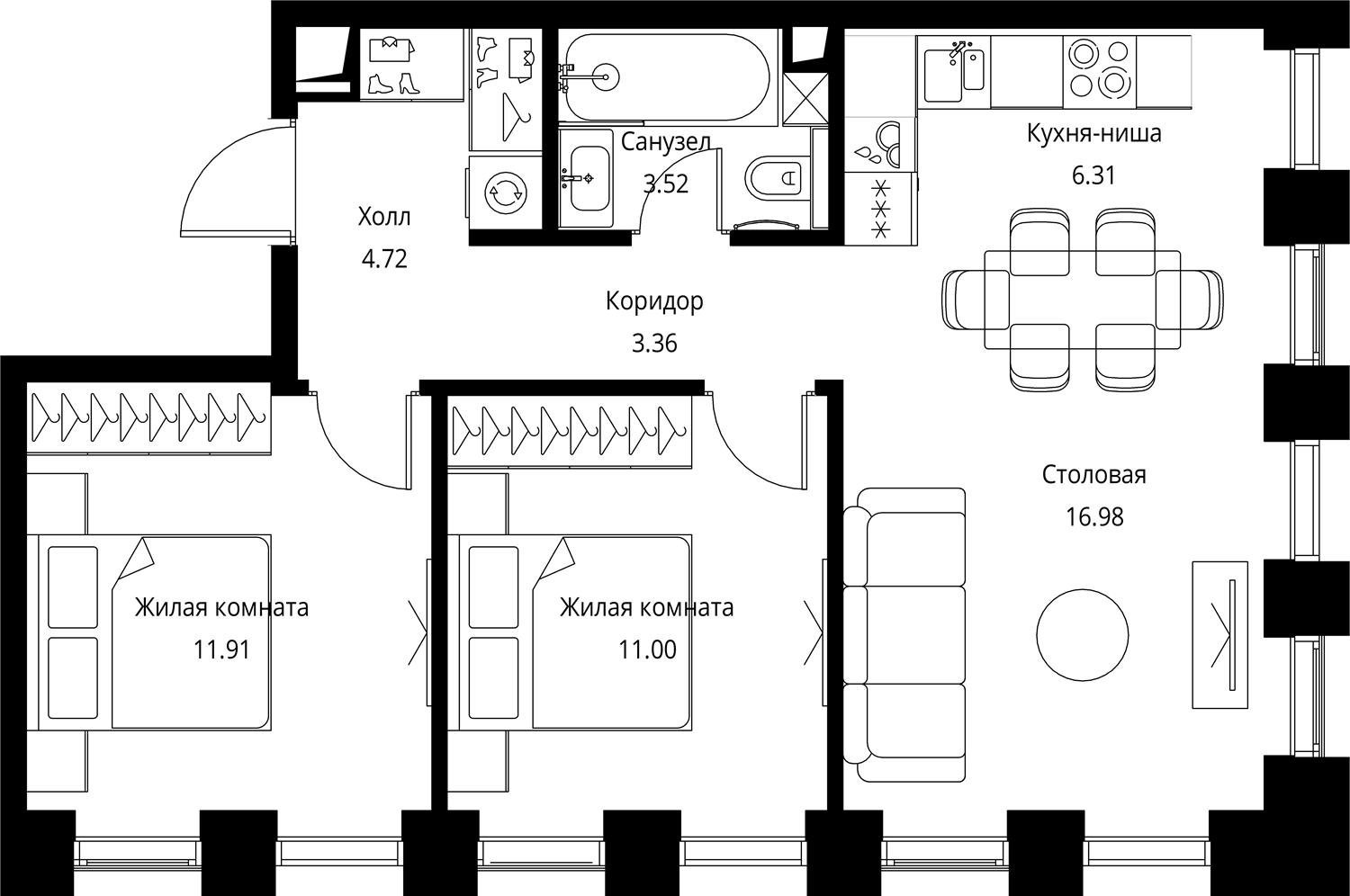 2-комнатная квартира с частичной отделкой, 57.8 м2, 12 этаж, сдача 3 квартал 2026 г., ЖК City Bay, корпус North Ocean 7 - объявление 2332344 - фото №1