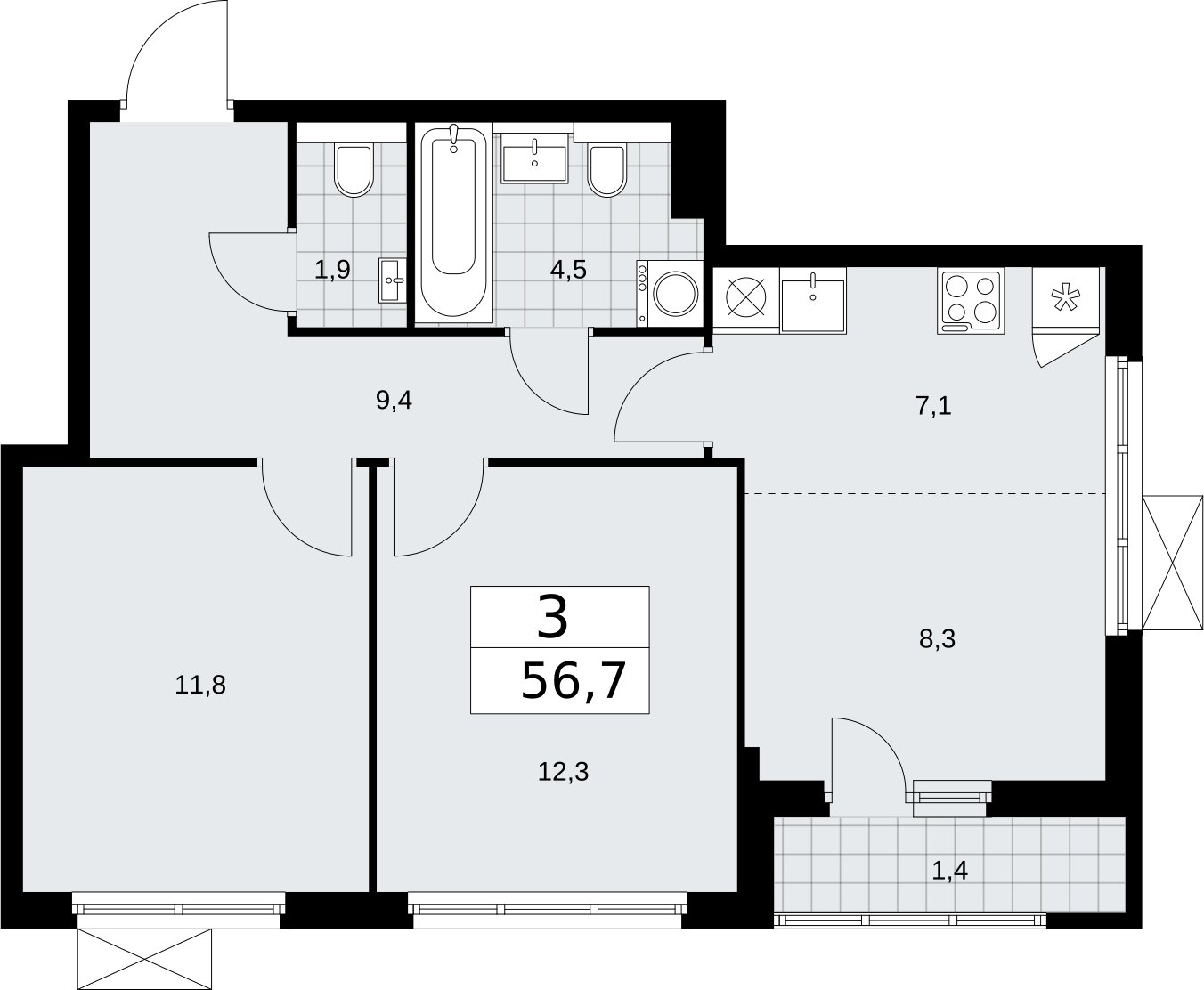 3-комнатная квартира (евро) с полной отделкой, 56.7 м2, 5 этаж, сдача 2 квартал 2026 г., ЖК Бунинские кварталы, корпус 7.1 - объявление 2319576 - фото №1