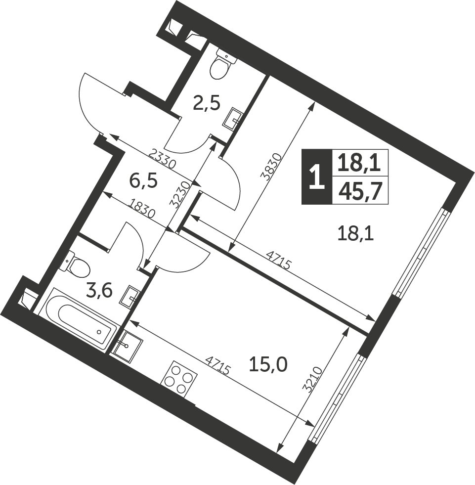 1-комнатная квартира с частичной отделкой, 45.7 м2, 15 этаж, дом сдан, ЖК Архитектор, корпус 1 - объявление 2302314 - фото №1