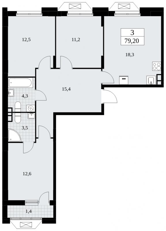 3-комнатная квартира с частичной отделкой, 79.2 м2, 4 этаж, сдача 4 квартал 2024 г., ЖК Бунинские кварталы, корпус 1.2 - объявление 1834446 - фото №1