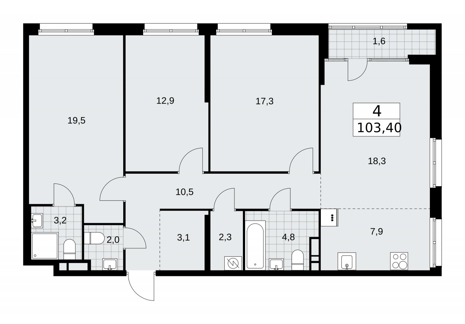 4-комнатная квартира (евро) с частичной отделкой, 103.4 м2, 5 этаж, сдача 1 квартал 2026 г., ЖК Дом на Зорге, корпус 25 - объявление 2221179 - фото №1