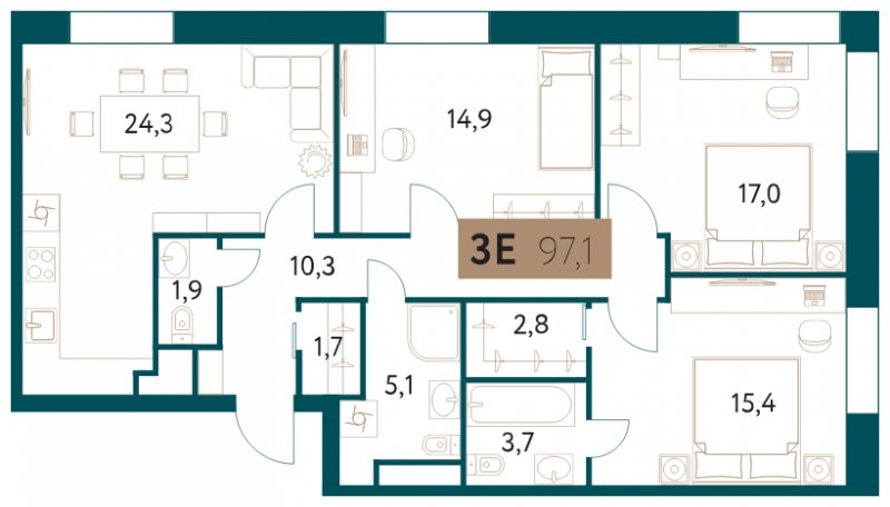 3-комнатная квартира 97.1 м2, 3 этаж, сдача 4 квартал 2022 г., ЖК Настоящее, корпус 3 - объявление 1576592 - фото №1