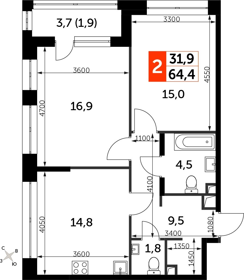 2-комнатная квартира с частичной отделкой, 64.4 м2, 18 этаж, сдача 3 квартал 2024 г., ЖК Sydney City, корпус 2.1 - объявление 2323042 - фото №1