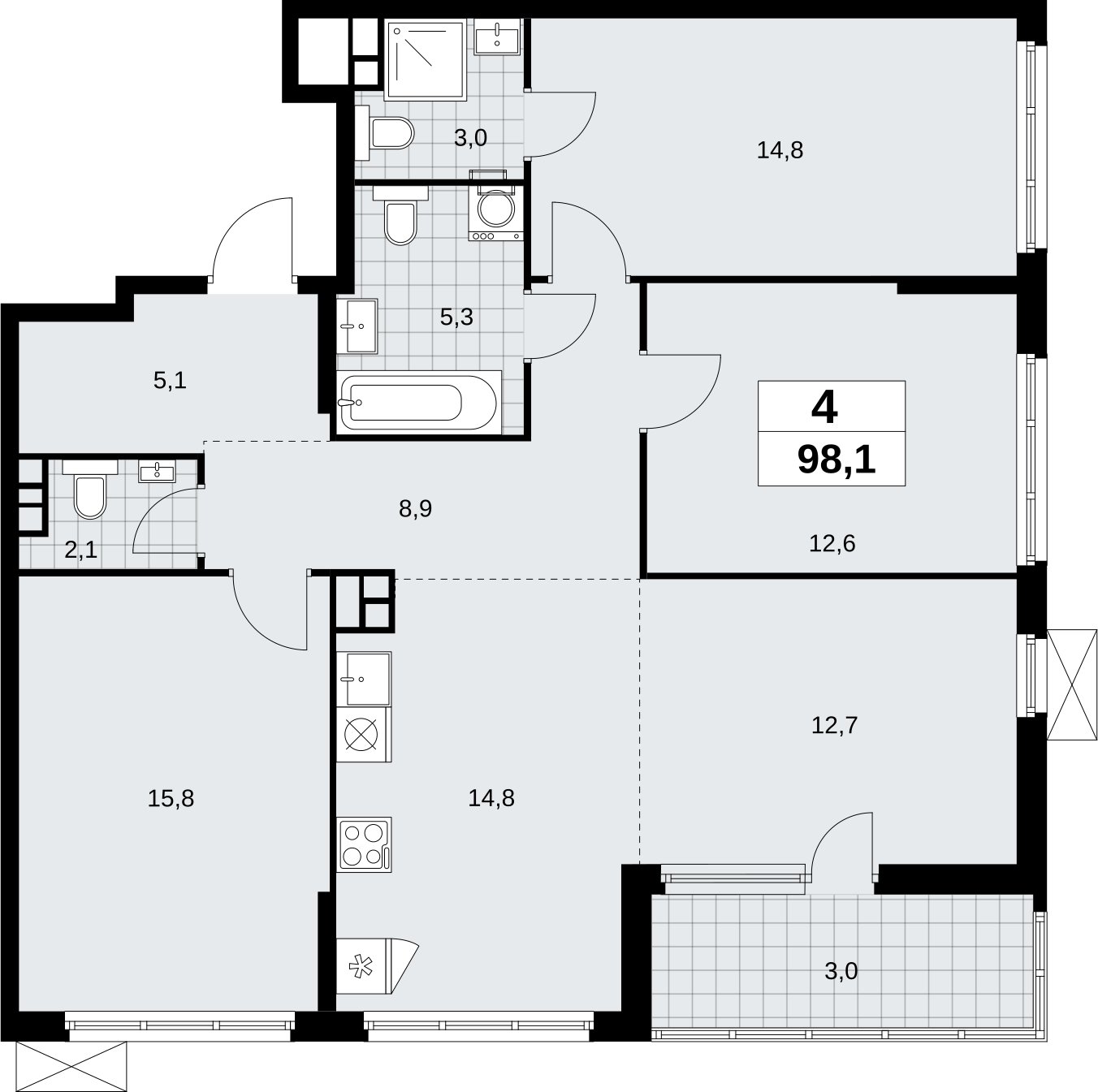 4-комнатная квартира (евро) без отделки, 98.1 м2, 4 этаж, сдача 4 квартал 2026 г., ЖК Скандинавия, корпус 2.18.1.1 - объявление 2350577 - фото №1