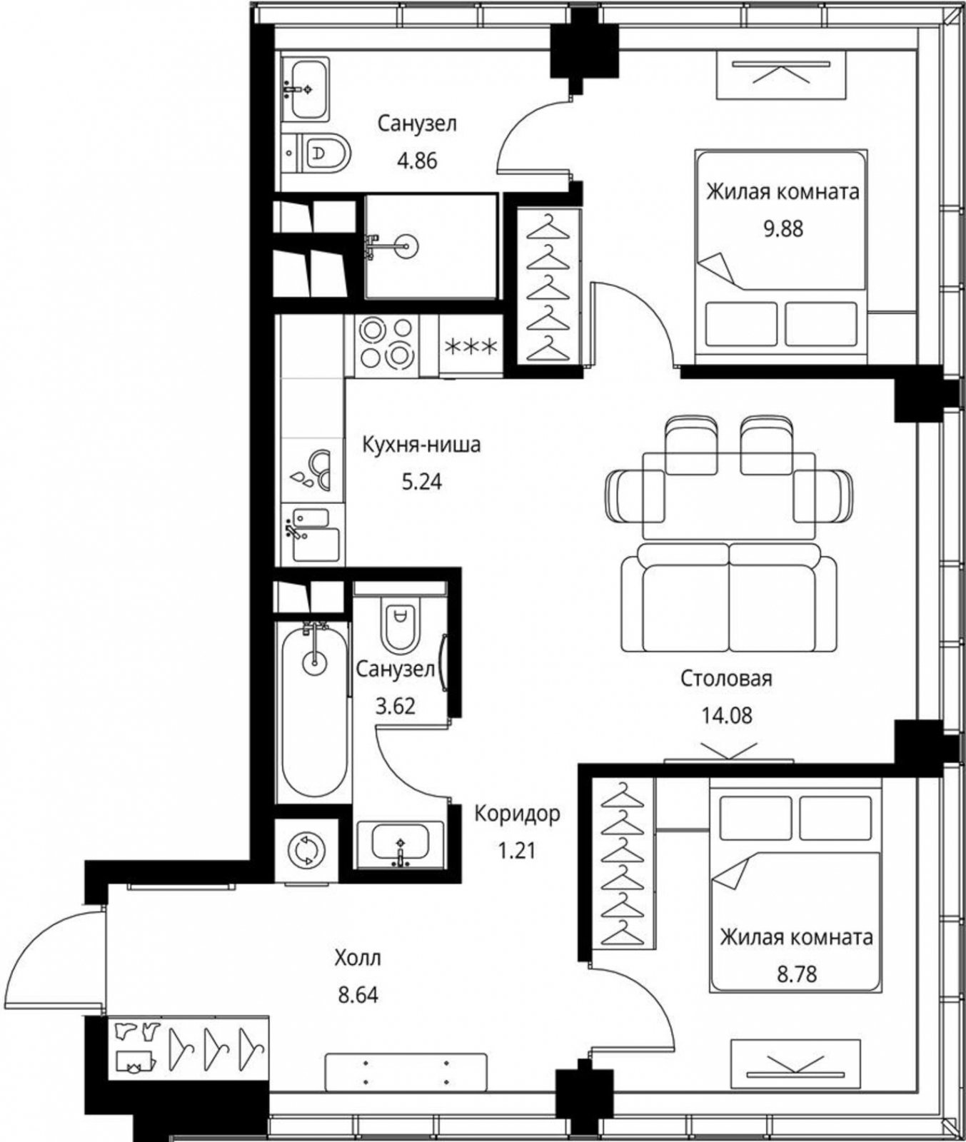 2-комнатная квартира с частичной отделкой, 56.3 м2, 18 этаж, сдача 3 квартал 2026 г., ЖК City Bay, корпус North Ocean 1 - объявление 2240423 - фото №1