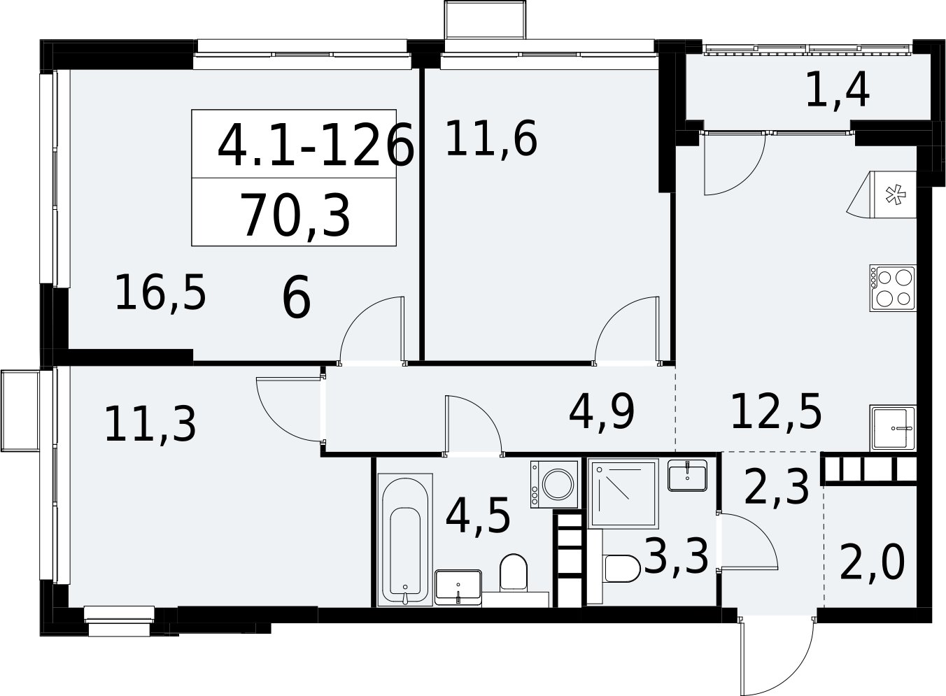 3-комнатная квартира с полной отделкой, 70.3 м2, 22 этаж, сдача 2 квартал 2027 г., ЖК Южные сады, корпус 4.1.1 - объявление 2392667 - фото №1
