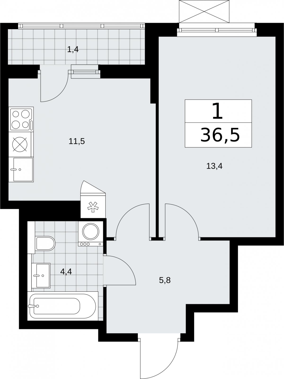 1-комнатная квартира без отделки, 36.5 м2, 10 этаж, сдача 2 квартал 2026 г., ЖК Бунинские кварталы, корпус 7.3 - объявление 2313792 - фото №1