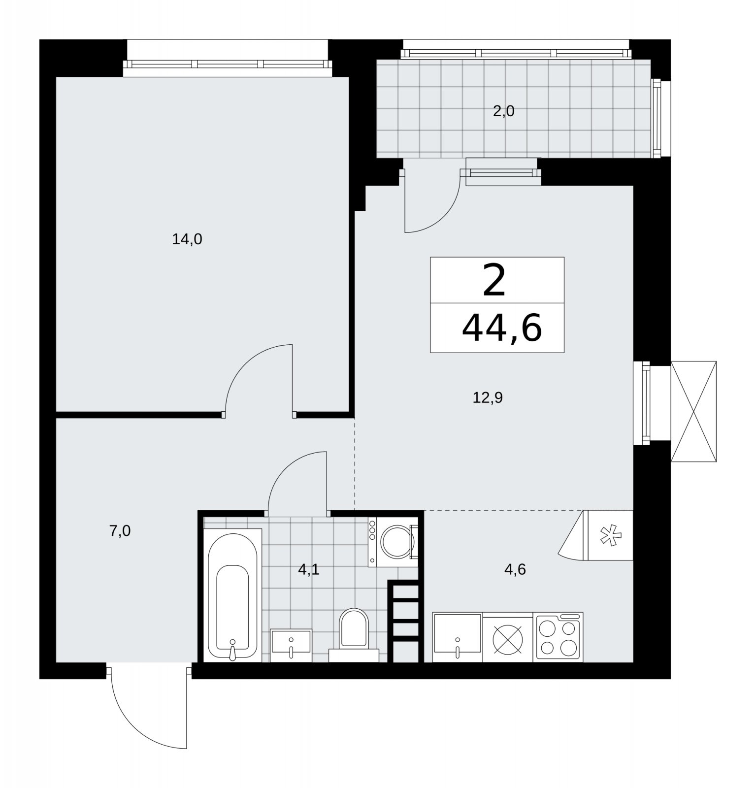2-комнатная квартира (евро) без отделки, 44.6 м2, 3 этаж, сдача 1 квартал 2026 г., ЖК Дзен-кварталы, корпус 4.3 - объявление 2251737 - фото №1