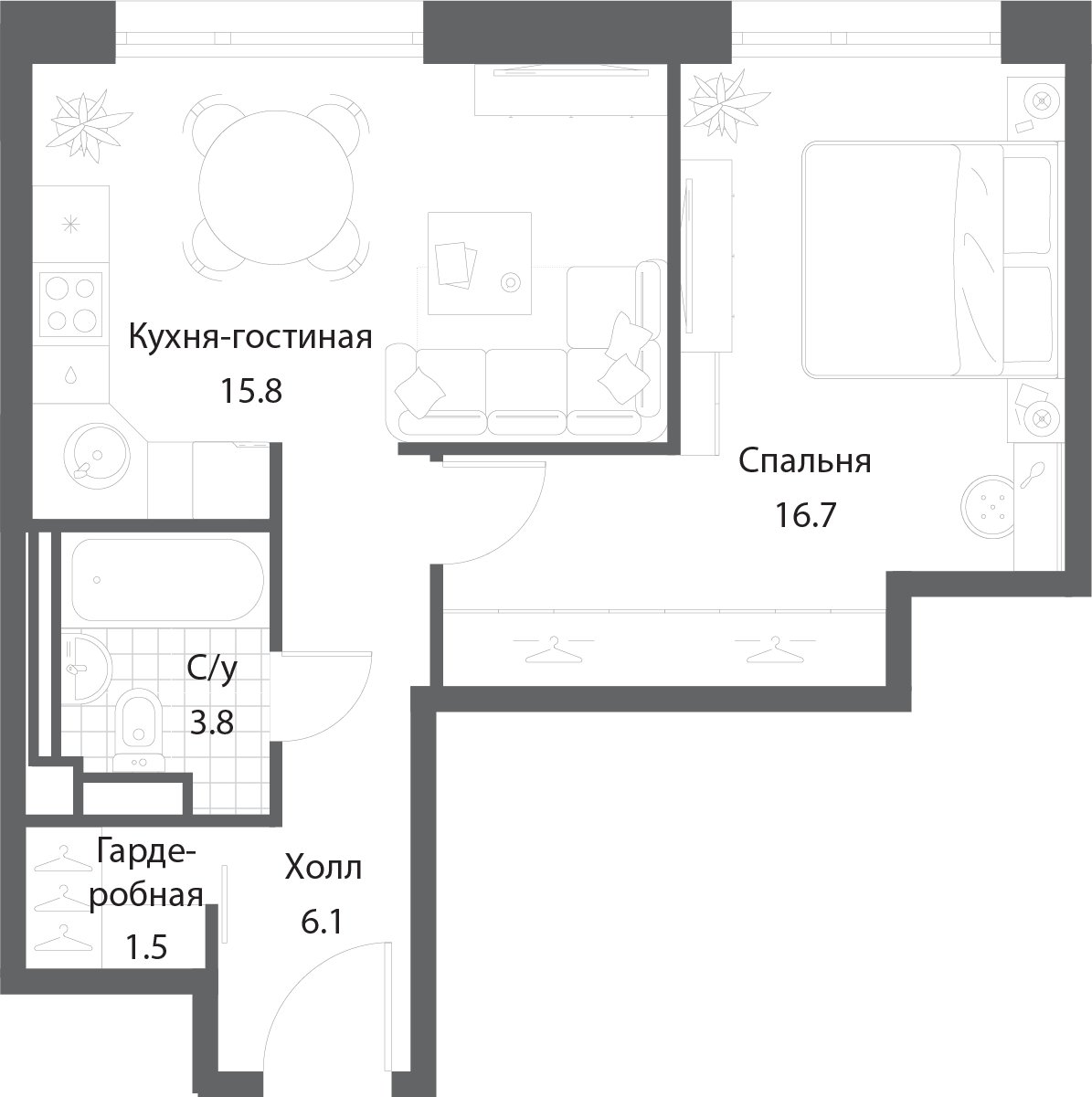 1-комнатная квартира без отделки, 44.7 м2, 8 этаж, сдача 3 квартал 2025 г., ЖК Nagatino i-Land, корпус 2 (3 очередь) - объявление 1983523 - фото №1