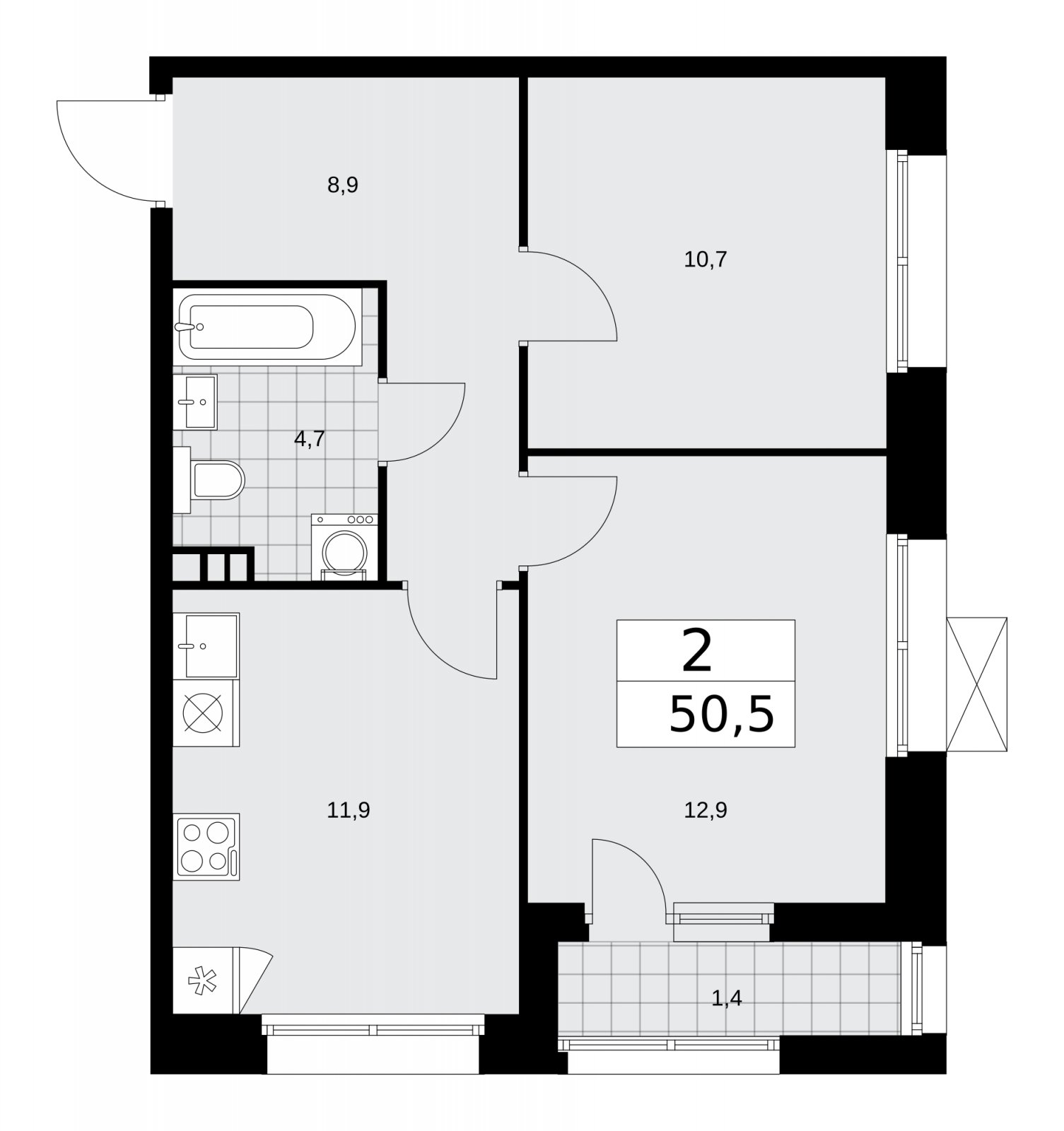 2-комнатная квартира без отделки, 50.5 м2, 3 этаж, сдача 4 квартал 2025 г., ЖК Бунинские кварталы, корпус 6.4 - объявление 2252709 - фото №1