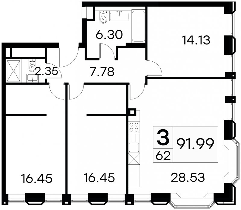 3-комнатные апартаменты с частичной отделкой, 91.99 м2, 6 этаж, сдача 3 квартал 2024 г., ЖК GloraX Aura Белорусская, корпус 1 - объявление 1708659 - фото №1
