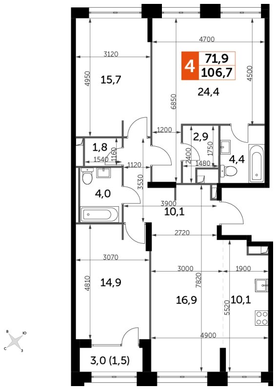 4-комнатная квартира с частичной отделкой, 106.7 м2, 21 этаж, сдача 1 квартал 2023 г., ЖК Sydney City, корпус 2 - объявление 1710104 - фото №1